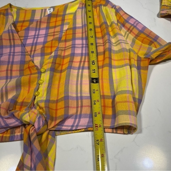 BP Yellow Orange Purple Tartan Plaid Front Tie Crop Top Medium - Picture 12 of 13